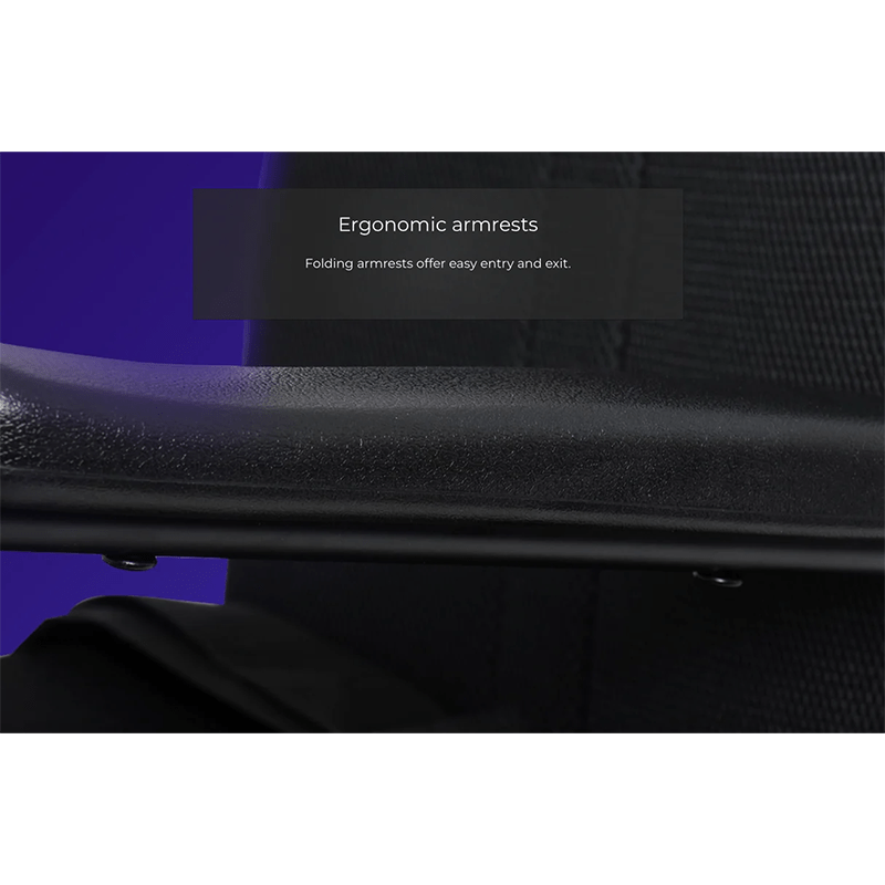 Atom Power Power Chair - Ergonomic armrests with text label on a dark background