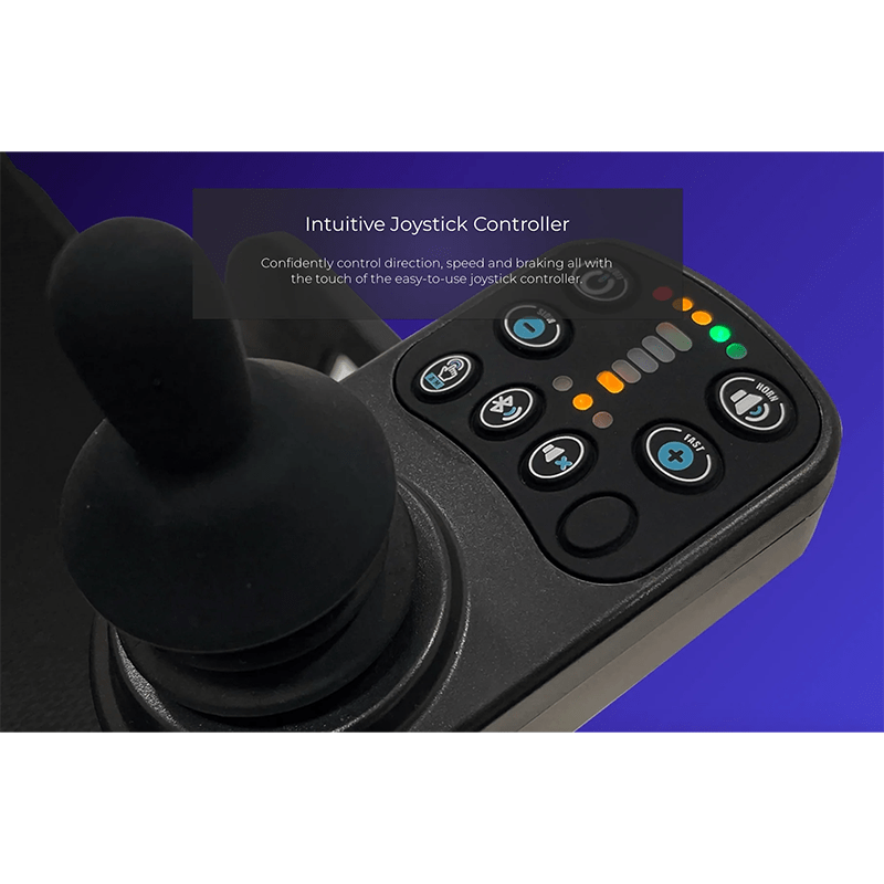 Atom Power Power Chair - Joystick controller with control buttons on a blue background