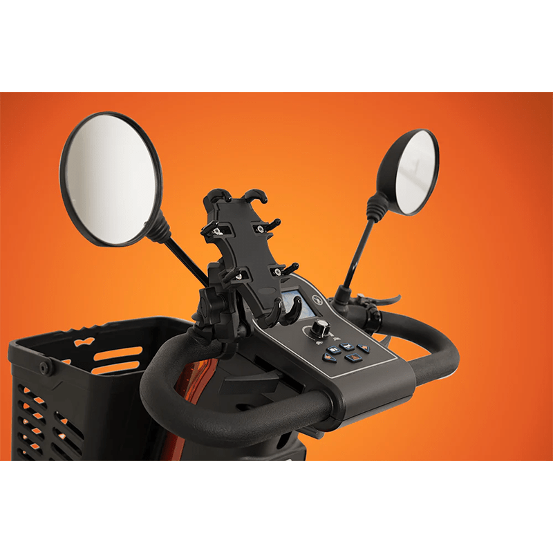 Savvy 8 - Mobility scooter handlebar with mirrors and control panel on an orange background