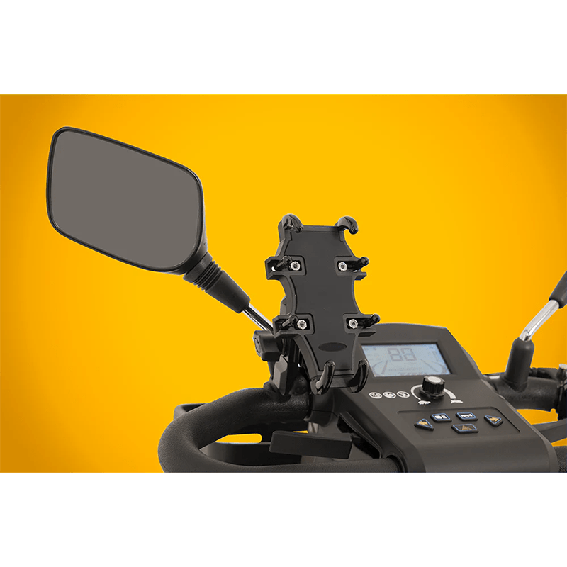 Scooterpac Savvy 8 Plus - Close-up of a motorcycle handlebar with mirror and control panel on a yellow background