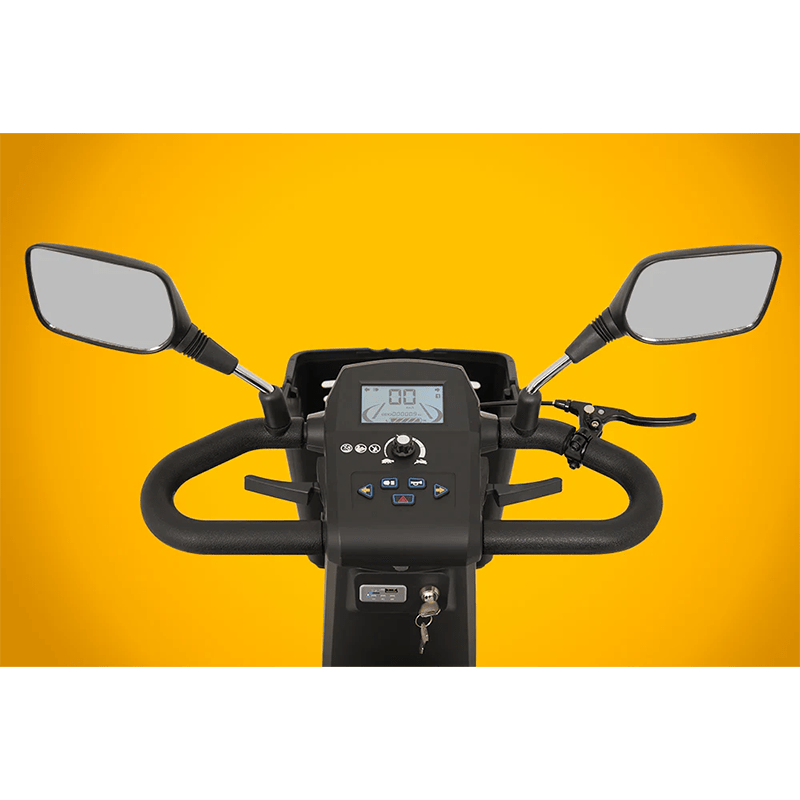 Scooterpac Savvy 8 Plus - Close-up of a scooter handlebar with mirrors on a yellow background