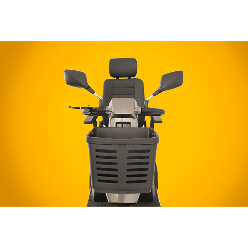 Scooterpac Savvy 8 Plus - mobility scoooter with black seat and mirrors on a yellow background
