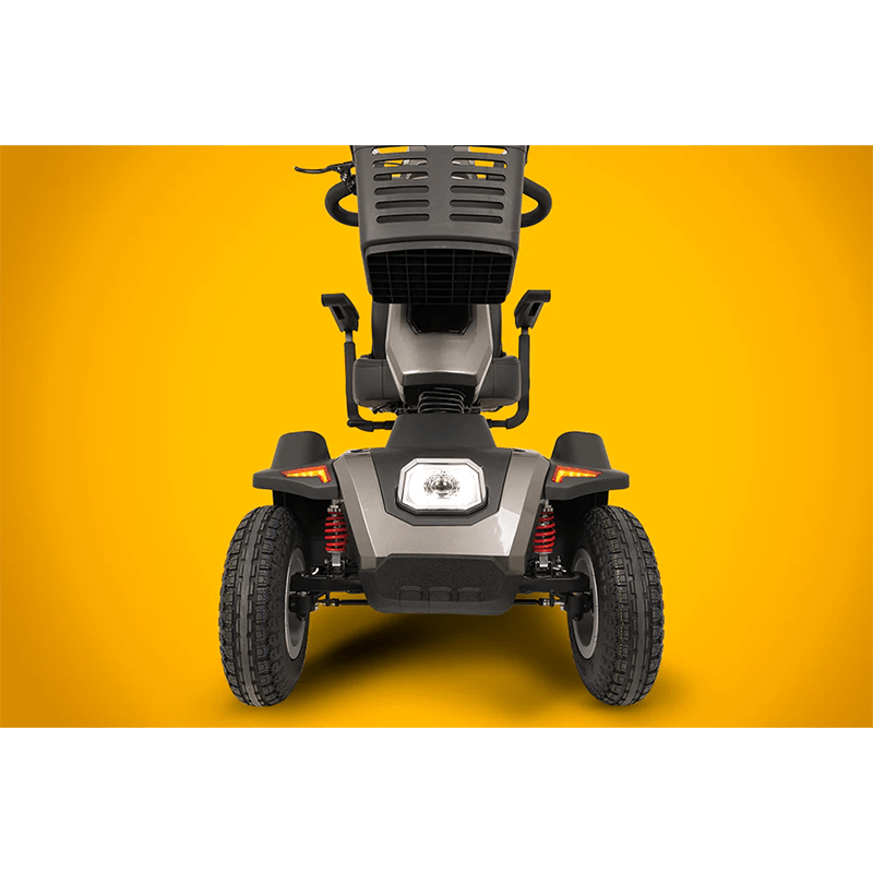 Scooterpac Savvy 8 Plus - Black mobility scooter on a yellow background