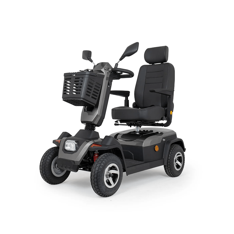 Scooterpac Savvy 8 Plus - Black mobility scooter with a basket on a white background