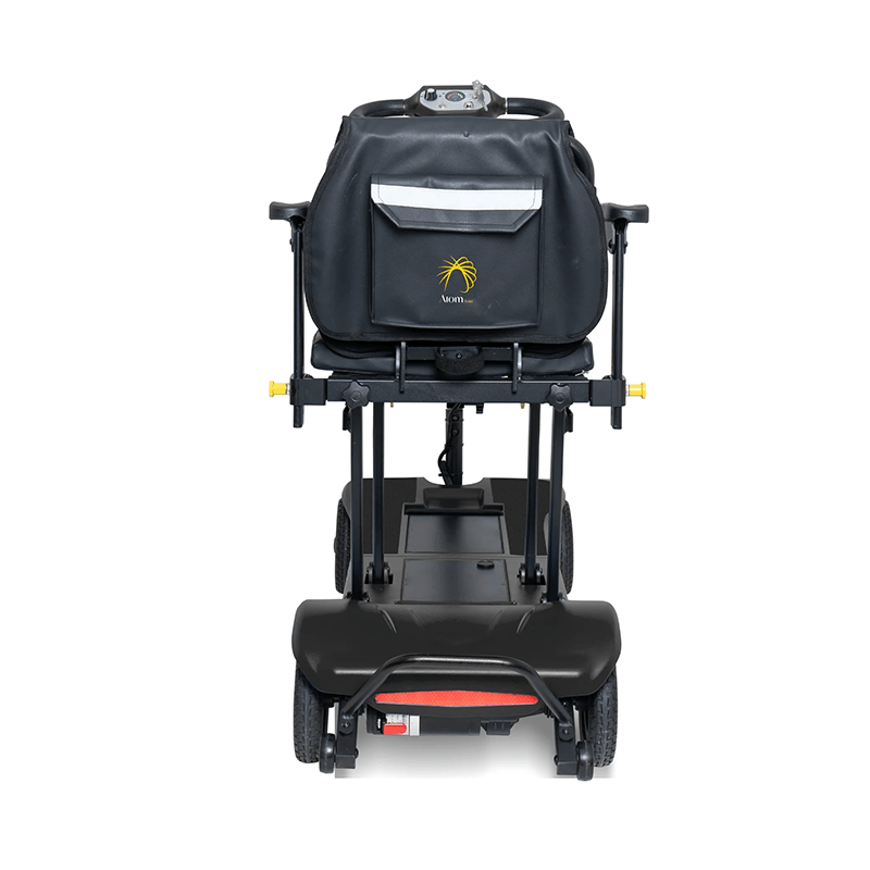 Atom Fold - Black mobility scooter with a bag on a white background