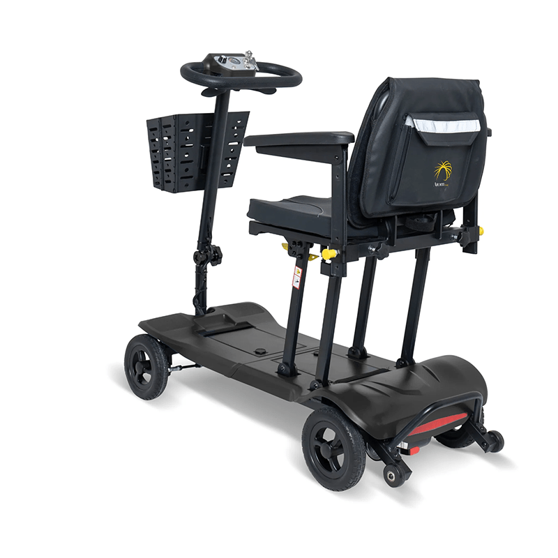 Atom Fold - Black mobility scooter with seat and basket on a white background