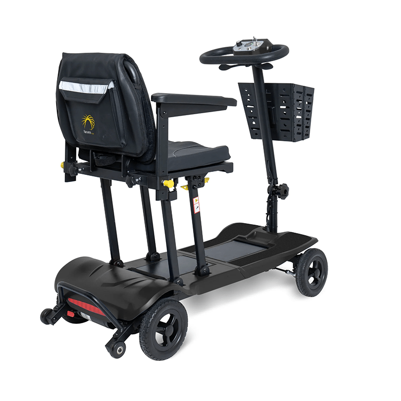 Atom Fold - Black mobility scooter with seat and basket on a white background
