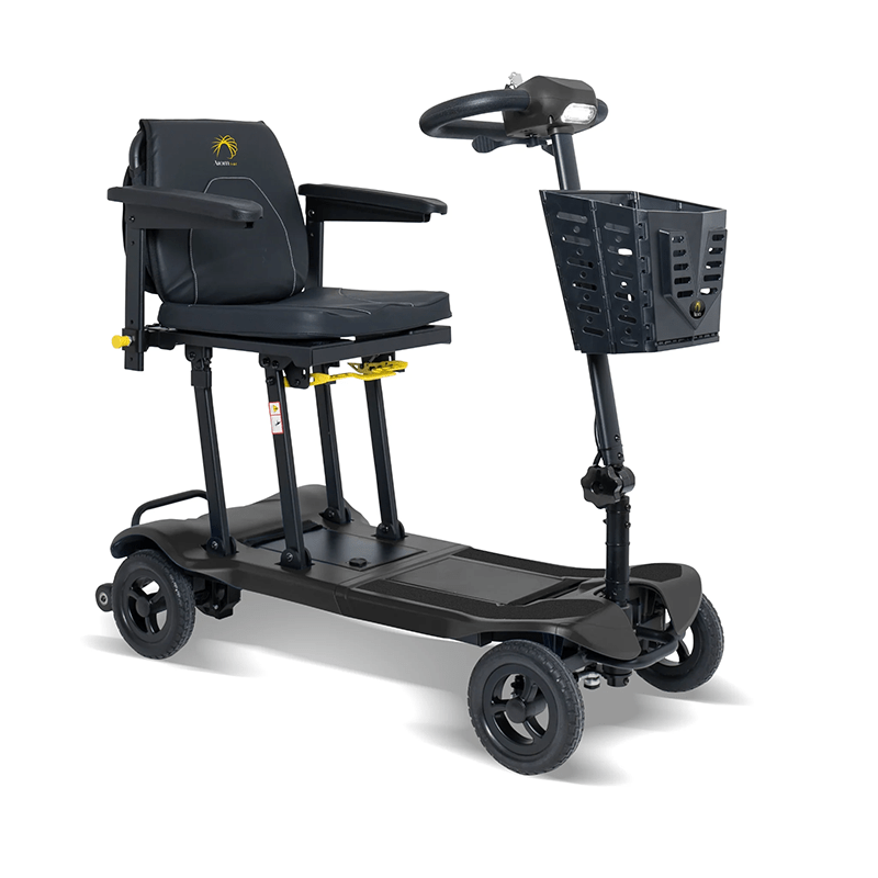 Atom Fold - Black mobility scooter with a seat and basket on a white background