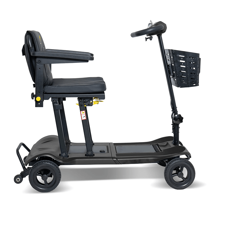 Atom Fold - Black scooter with a seat and basket on a white background