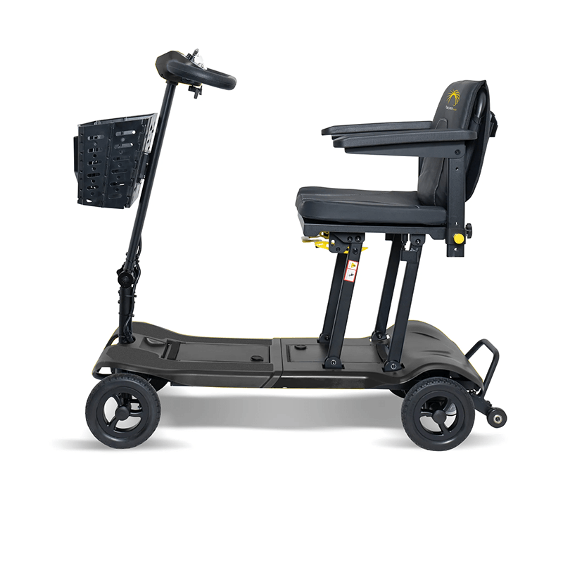 Atom Fold - Black mobility scooter with a seat and basket on a white background