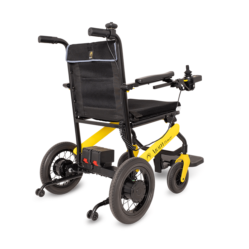 Atom Power Power Chair - Black and yellow electric wheelchair on a white background