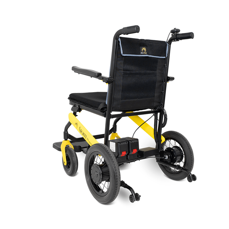 Atom Power Power Chair - Black and yellow electric wheelchair on a white background