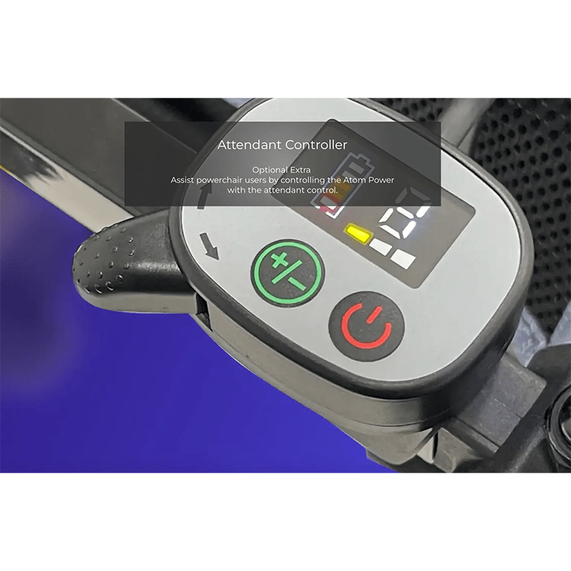 Atom Power Power Chair - Attendant controller panel on a powerchair with control buttons and display.