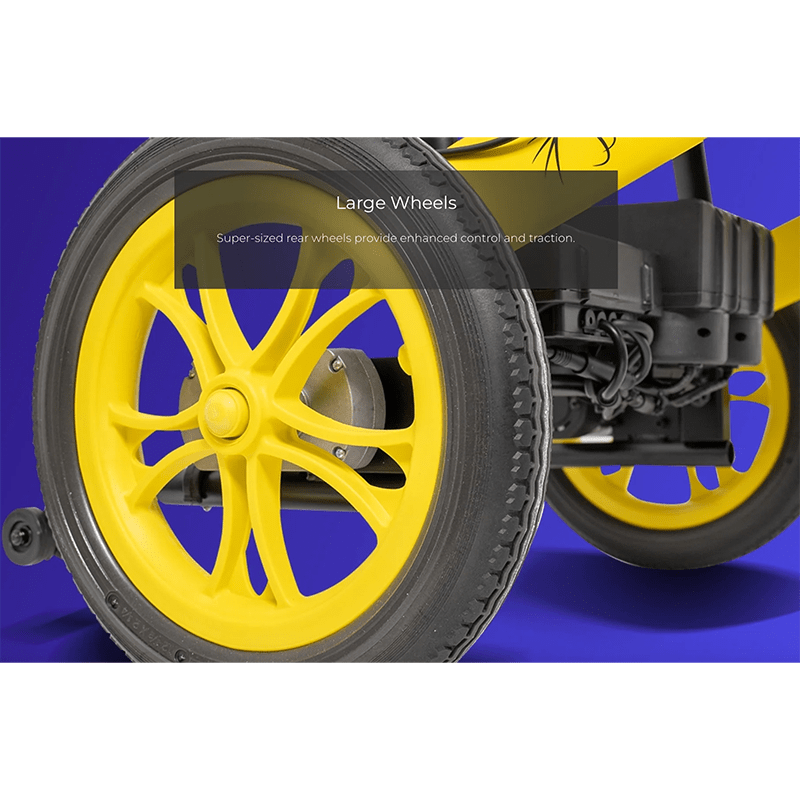Atom Power PowerChair - Close-up of large yellow wheels on a vehicle with text indicating enhanced control and traction.