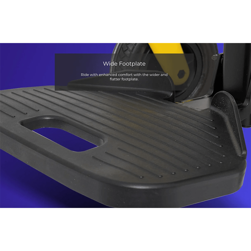 Atom Power Power Chair - Wide footplate of a vehicle with text on a blue background