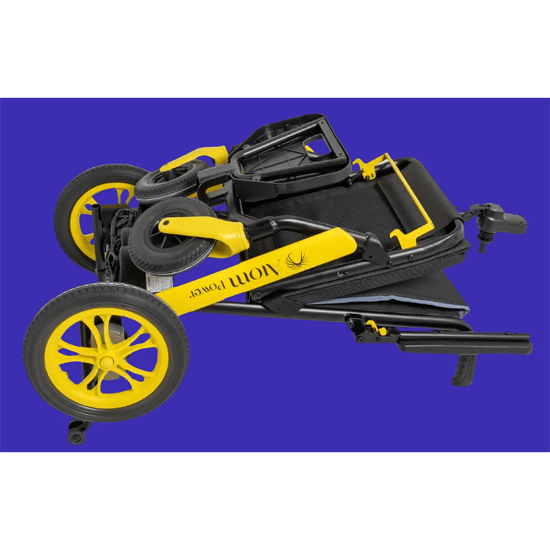 Atom Power Power Chair - Yellow and black mobility scooter on a blue background