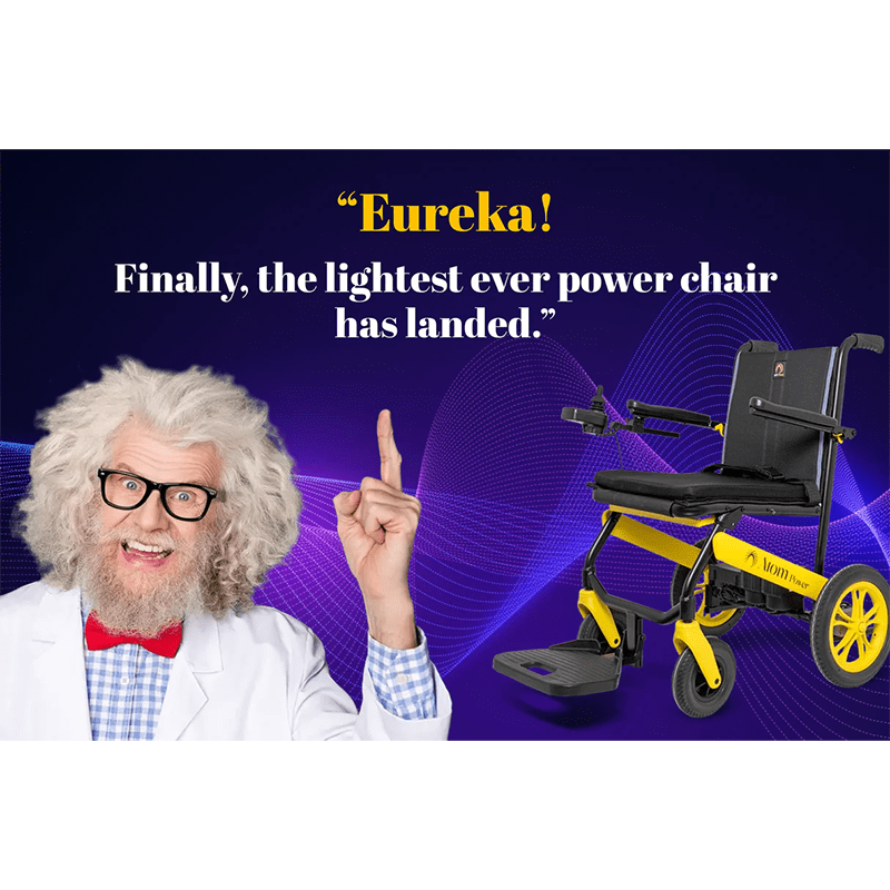 Atom Power Power Chair - Person in a lab coat with a power chair and text on a purple background