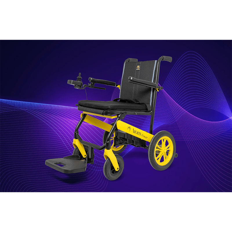 Atom Power Power Chair - Black and yellow electric wheelchair on a purple background