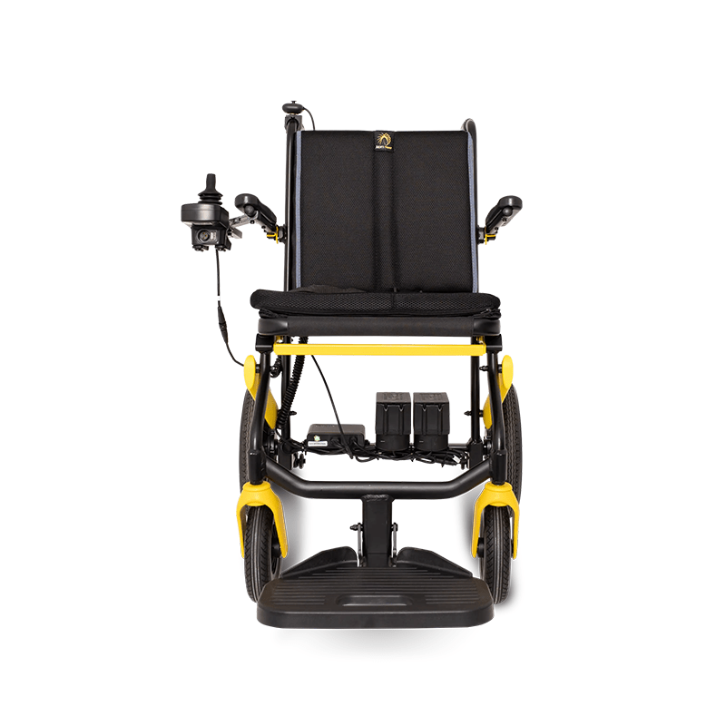 Atom Power Power Chair - Electric wheelchair with yellow frame and black seat on a white background