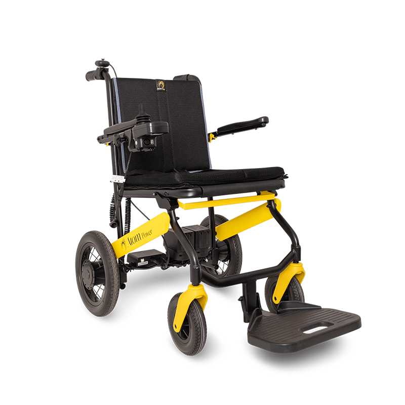 Atom Power Power Chair - Black and yellow wheelchair on a white background
