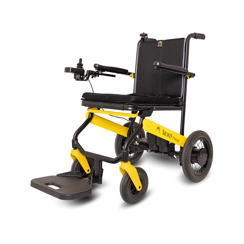 Atom Power Power Chair - Black and yellow electric wheelchair on a white background