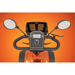 Savvy 8 - Close-up of a scooter handlebar with mirrors and control panel on an orange background