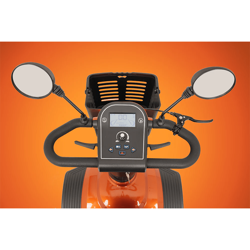 Savvy 8 - Close-up of a scooter handlebar with mirrors and control panel on an orange background