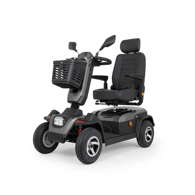 Scooterpac Savvy 8 Plus - Black mobility scooter with a basket on a white background