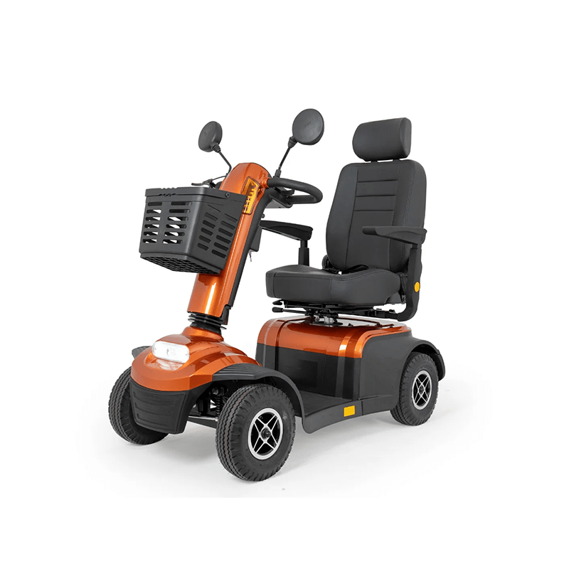 Savvy 8 - Orange and black mobility scooter with a basket on a white background