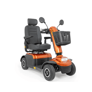 Savvy 8 - Orange and black mobility scooter with basket on a white background