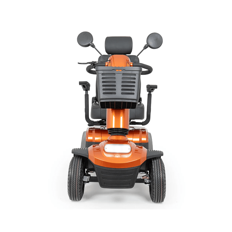 Savvy 8 - Orange mobility scooter with black seat on a white background